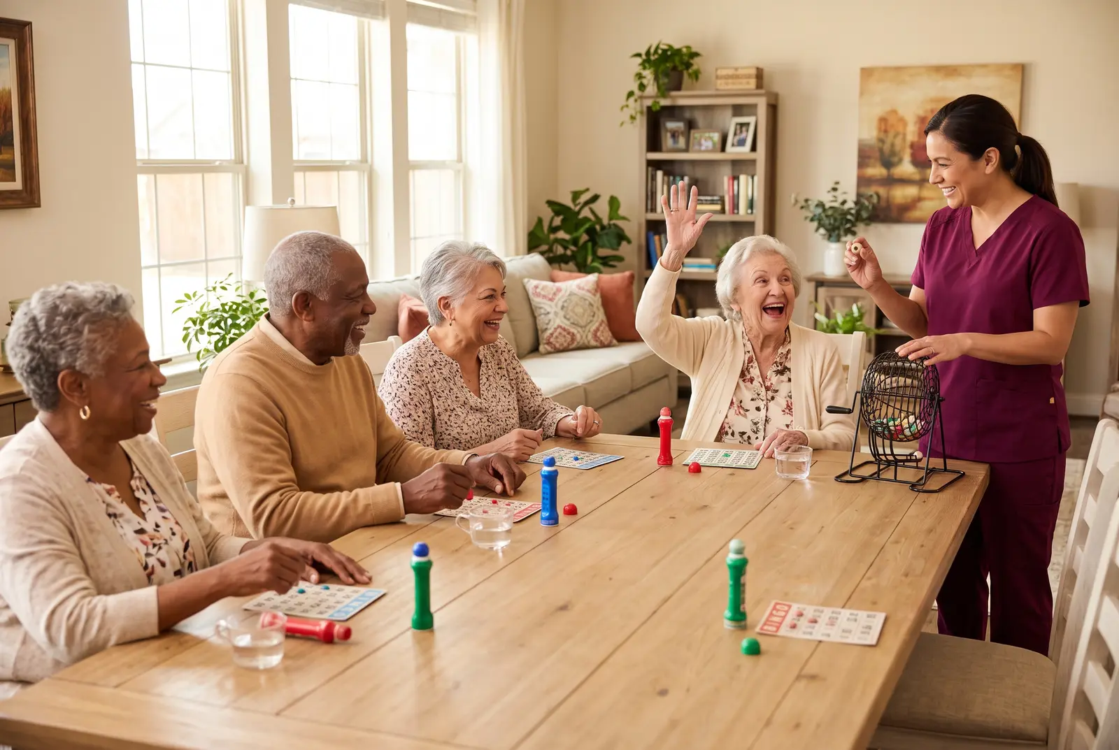 Seniors enjoying a game of bingo together in a care home