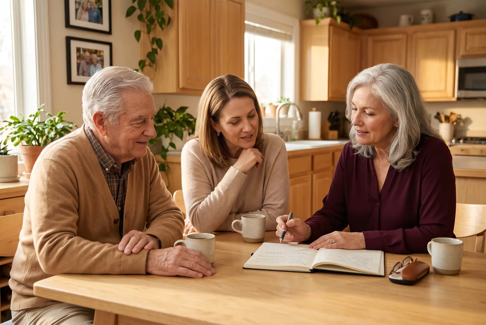 Care advisor meeting with a senior and his daughter at the kitchen table