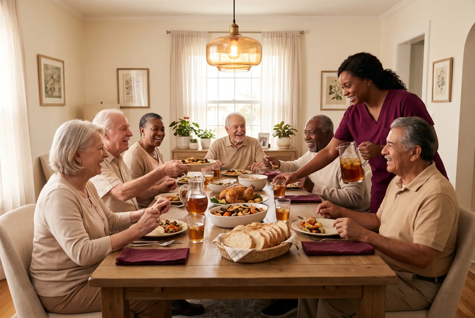 Residents sharing a home-cooked meal around the dining table
