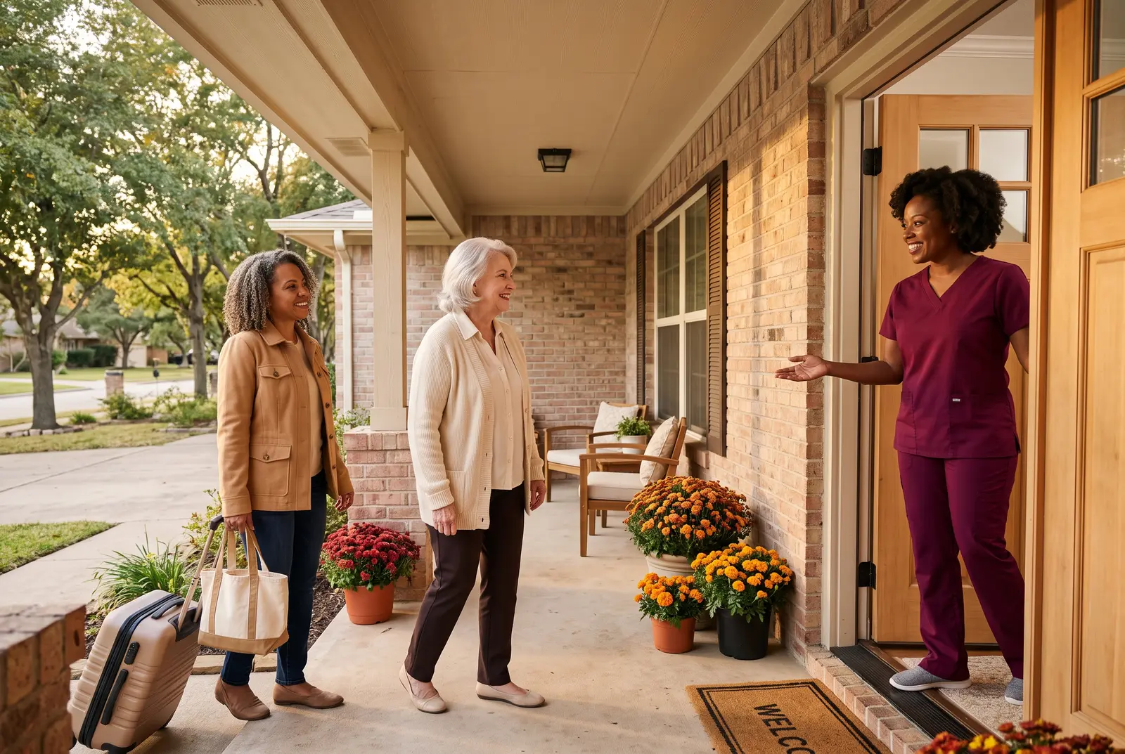 A senior arriving at a welcoming residential care home with family and a caregiver