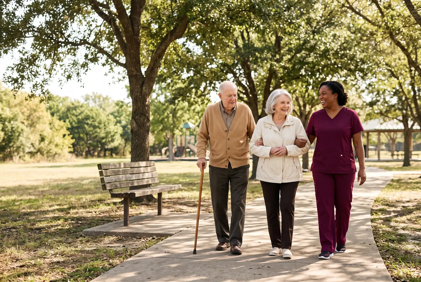 Seniors and a caregiver on an outing walk through the park