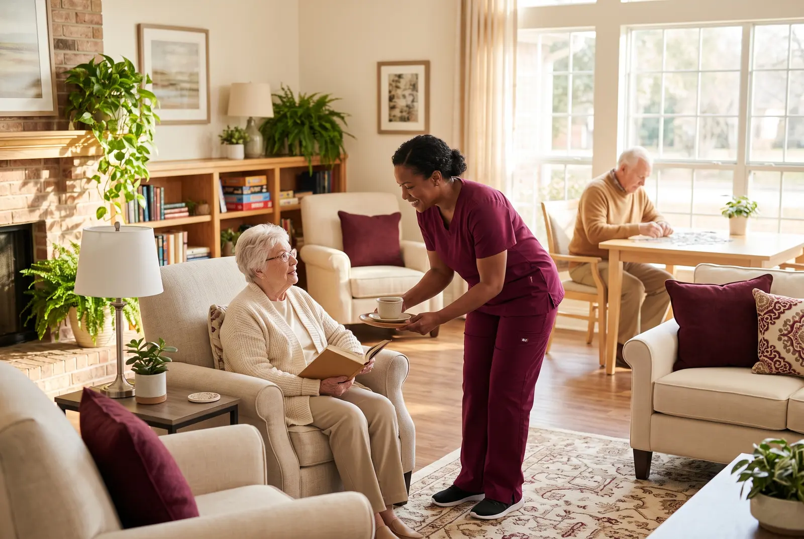 Caregiver bringing tea to a resident in a cozy assisted living lounge in Plano, TX