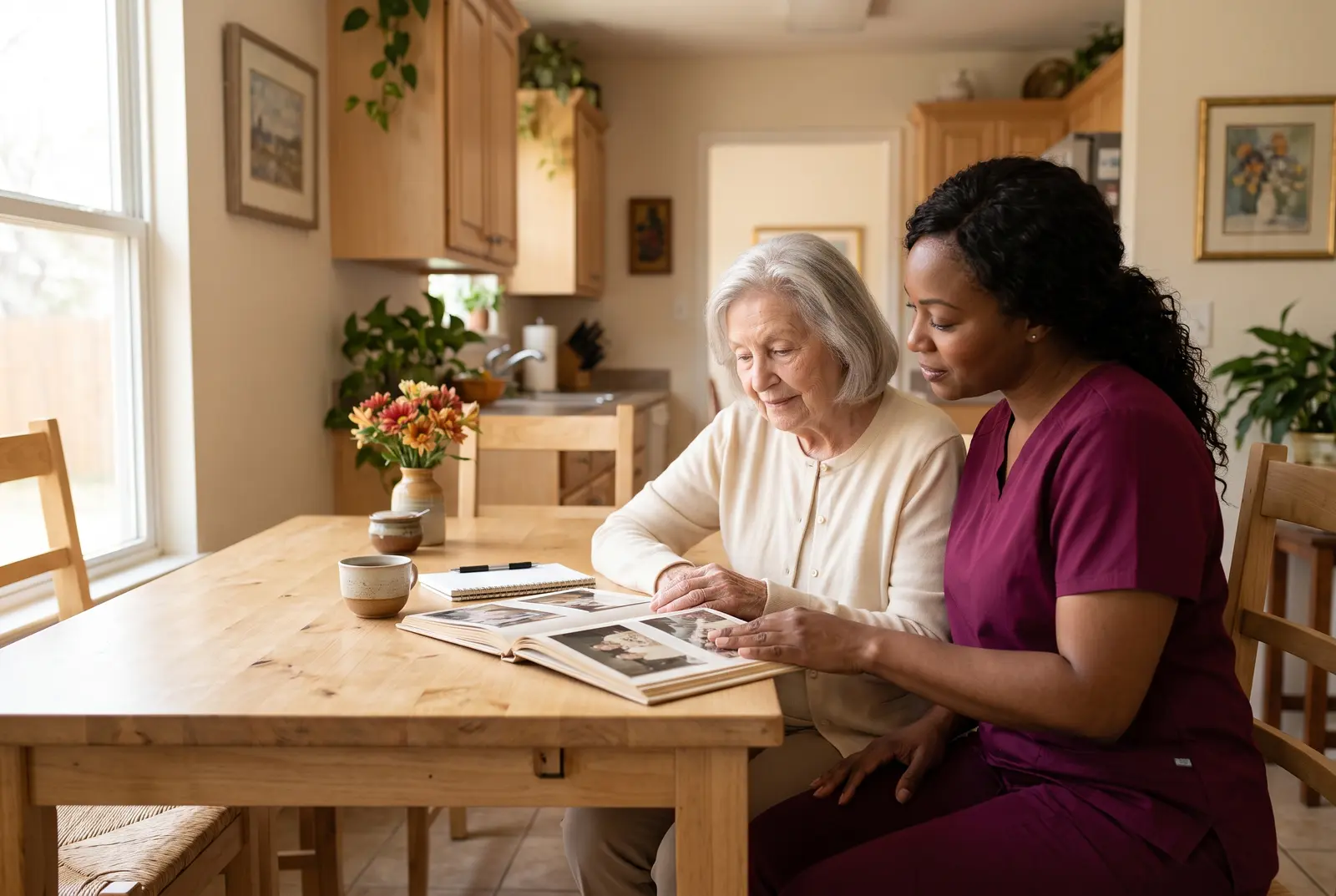 Caregiver looking through a photo album with a resident in memory care