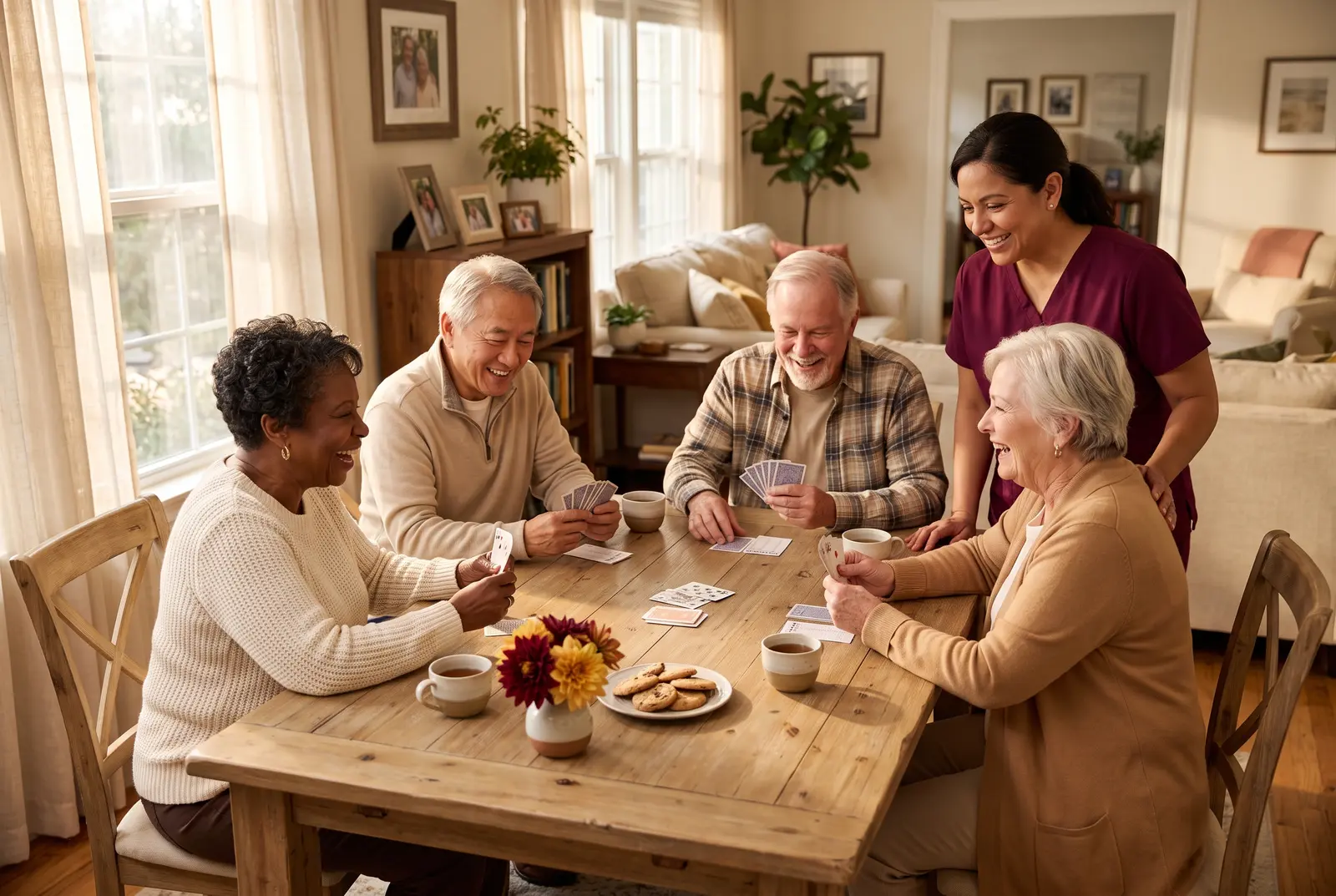 Seniors playing cards together at a table in a homelike care home